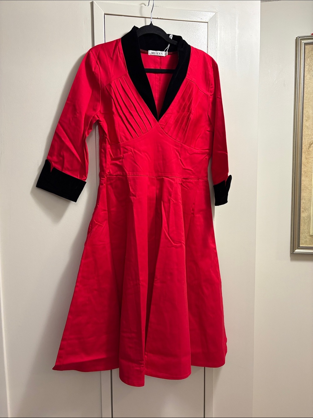 Muxxn Red Midi Dress with Black Collar and Cuffs